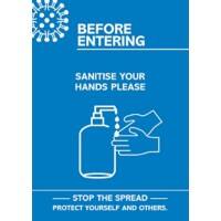 Seco Health & Safety Poster Before entering, sanitise your hands Semi-Rigid Plastic Blue, White 29.7 x 42 cm