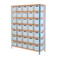 BiGDUG Shelving Unit with 8 Levels and 35 x 20 L Containers Steel, Chipboard 1980 x 1525 x 455 mm Blue, Orange