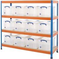BiGDUG Shelving Unit with 4 Levels and 12 Really Useful Boxes Steel, Chipboard 1677 x 1830 x 610 mm Blue, Orange