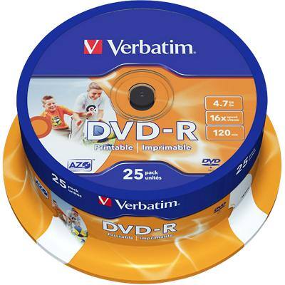 Verbatim DVD-R Wide Inkjet Printable 16x 4.7 GB Spindle Pack of 25