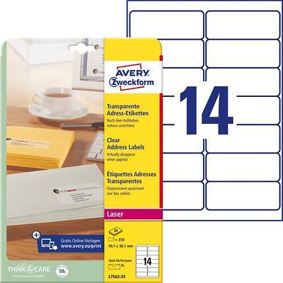 AVERY Zweckform Water Resistant Address Labels L7563-25 Adhesive A4 Clear 99.1 x 38.1 mm 25 Sheets of 14 Labels