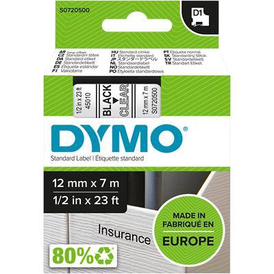 DYMO D1 Labelling Tape Authentic 45010 S0721440 Adhesive Black on Transparent 12 mm x 7 m