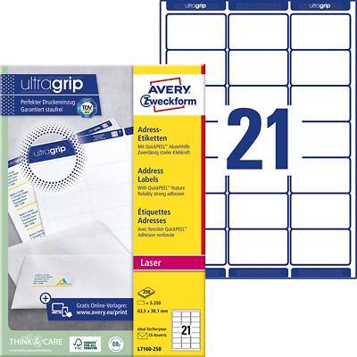 Avery L7160-250 Address Labels Self Adhesive 63.5 x 38.1 mm White 250 Sheets of 21 Labels