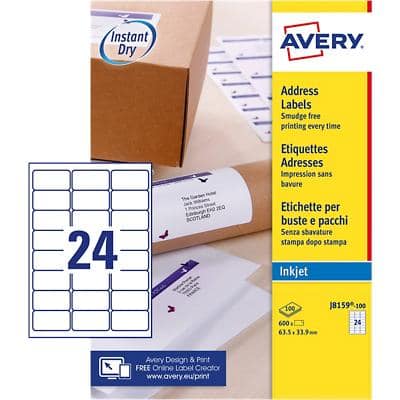 Avery J8159-100 Address Labels Self Adhesive 63.5 x 33.9 mm White 100 Sheets of 24 Labels