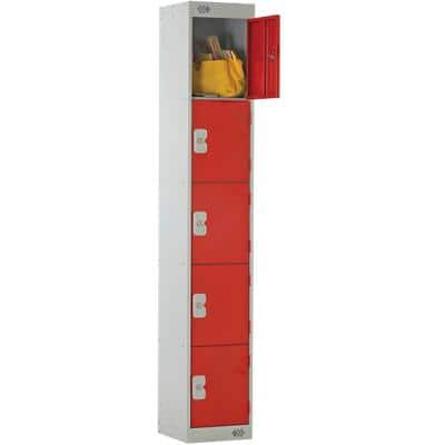 LINK51 Standard Mild Steel Locker with 5 Doors Standard Deadlock Lockable with Key 300 x 450 x 1800 mm Grey & Red
