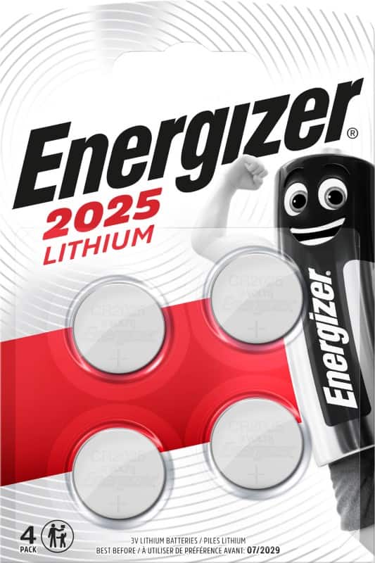 Energizer Button Cell Batteries CR2025 3V Lithium Pack of 4