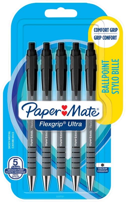 PaperMate FlexGrip Ultra Retractable Ballpoint Pen 0.5 mm Black Pack of 5