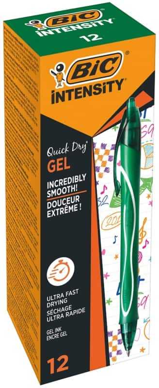BIC Gel-ocity Quick Dry Retractable Gel Pen Green 0.3 mm Medium Rollerball Refillable Pack of 12