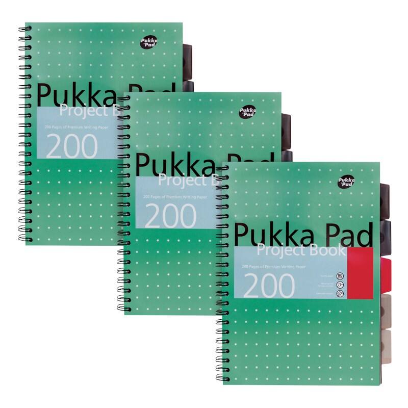 Pukka Pad Project Book Metallic A4+ Ruled Spiral Bound PP (Polypropylene) Hardback Green Perforated 200 Pages Pack of 3