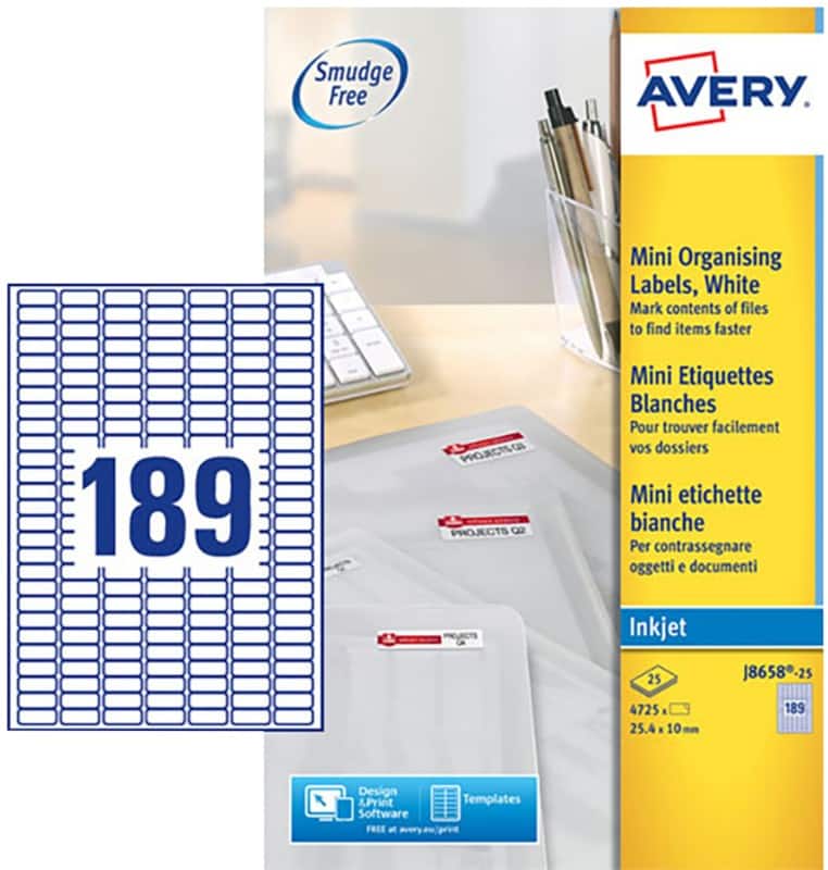 Avery Address Labels J8658-25 adhesive A4 White 2.5 x 1 cm 25 Sheets of 189 Labels