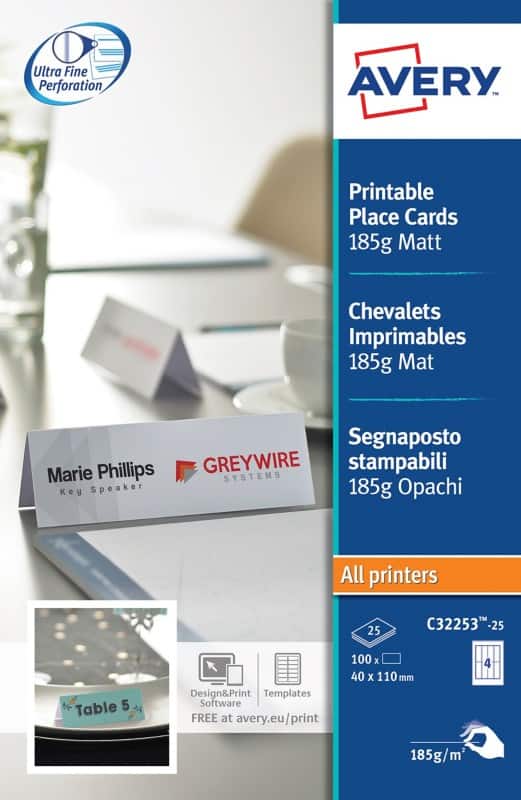 Avery Place Card A4 185 gsm White 25 Sheets Pack of 4