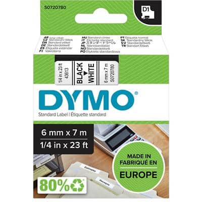 Dymo D1 S0720780 / 43613 Authentic Label Tape Self Adhesive Black Print on White 6 mm x 7m