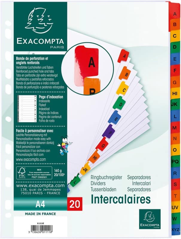 Exacompta A - Z Alphabetical Dividers A4 White, assorted 20 Part Cardboard 11 Holes 1111E