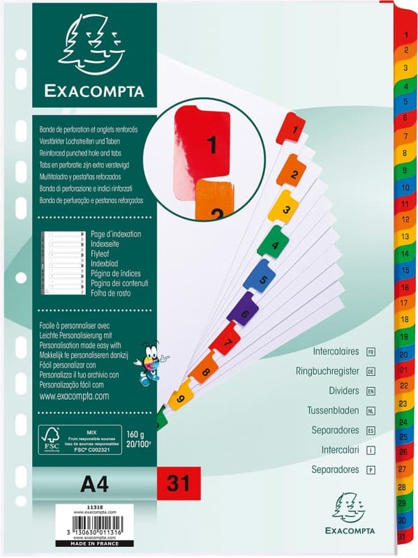 Exacompta 1 to 31 Numerical Dividers A4 White, assorted 31 Part Cardboard 11 Holes 1131E