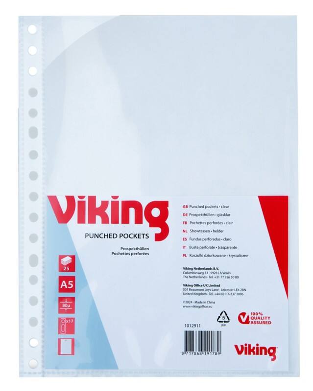 Viking Punched Pockets  A5 Clear Transparent 80 microns PP (Polypropylene) Top Opening 17 Holes Pack of 25