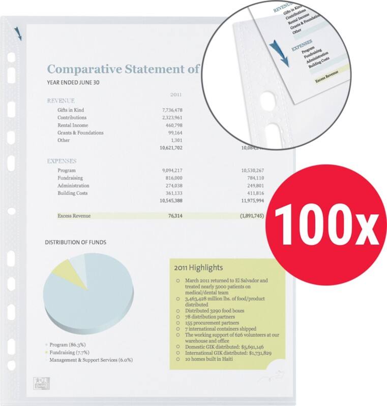OXFORD Quick In Punched Pockets  A4 Clear Transparent 75 microns PP (Polypropylene) Opening Top 11 Holes Pack of 100