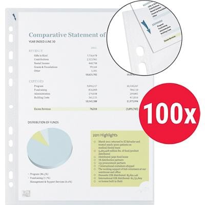 OXFORD Quick In Punched Pockets A4 Smooth Transparent 75 microns Polypropylene Up 11 Holes Pack of 100