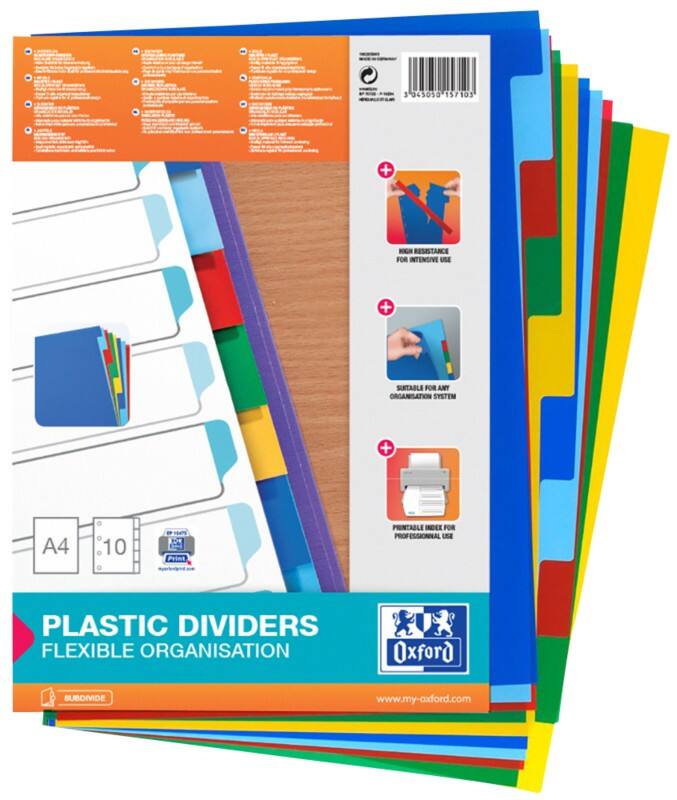OXFORD Blank Dividers  A4 Assorted 10 Part PP (Polypropylene) 11 Holes 100205063