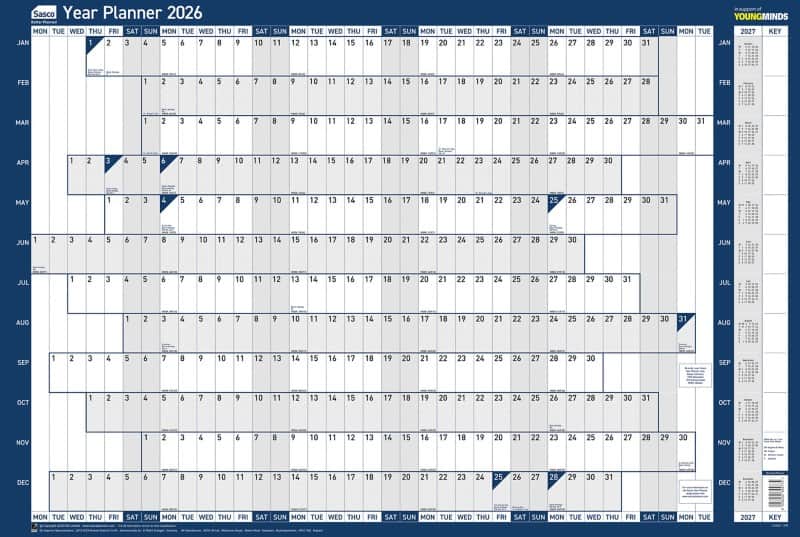 Sasco Mounted Year Planner 2026 English 91.5 (W) x 61 (H) cm Blue