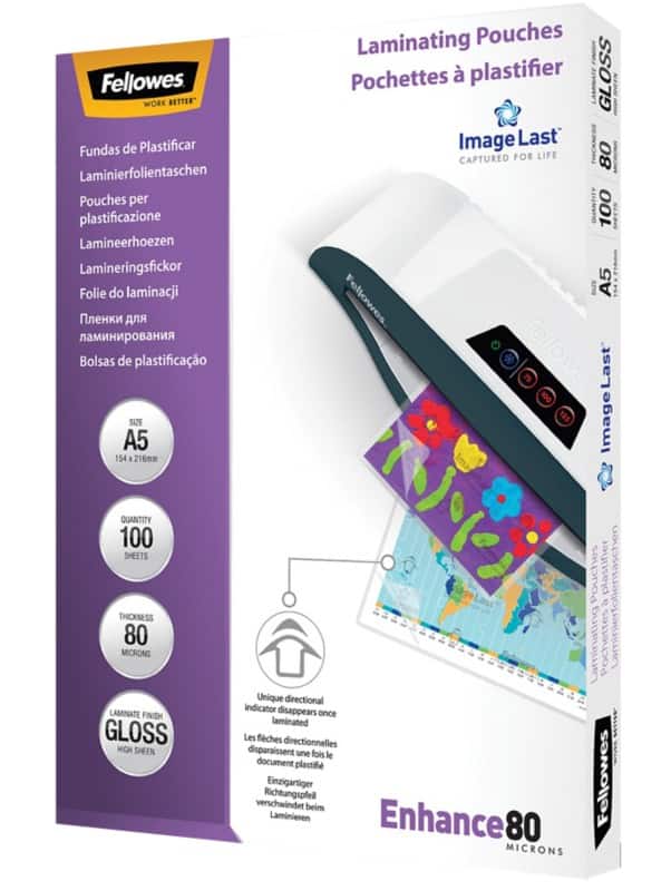 Fellowes ImageLast Enhance Laminating Pouch A5 Glossy 80 microns (2 x 80) Transparent Pack of 100