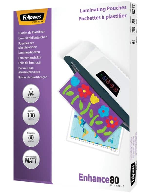 Fellowes Enhance Laminating Pouch A4 Matt 80 microns (2 x 80) Transparent Pack of 100