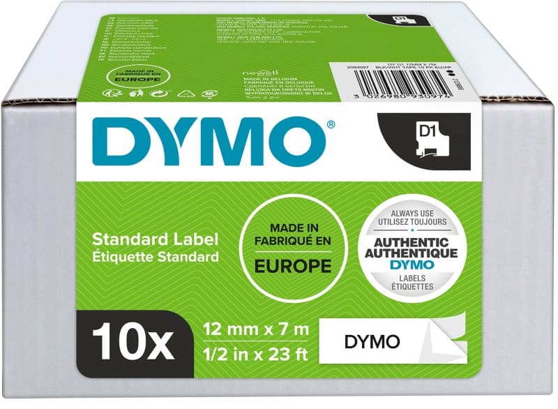 Dymo D1 2093097 / 45013 Authentic Label Tape Self Adhesive Black Print on White 12 mm x 7m Pack of 10