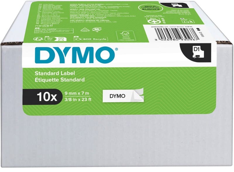 Dymo D1 2093096 / 40913 Authentic Label Tape Self Adhesive Black Print on White 9 mm x 7m Pack of 10