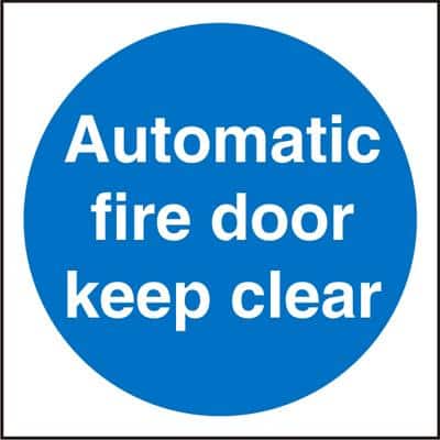 Mandatory Sign Automatic Fire Door Keep Clear Vinyl Blue, White 10 x 10 cm
