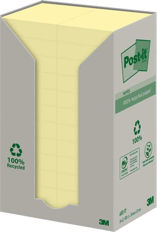 Post-it Recycled Sticky Notes Canary Yellow 38 x 51 mm 24 Pads of 100 Sheets