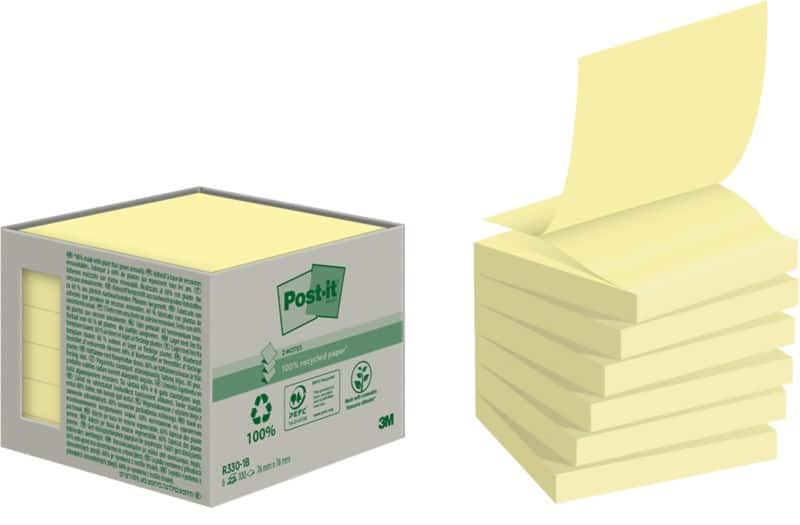 Post-it Recycled Z-Notes 76 x 76 mm Canary Yellow 6 Pads of 100 Sheets