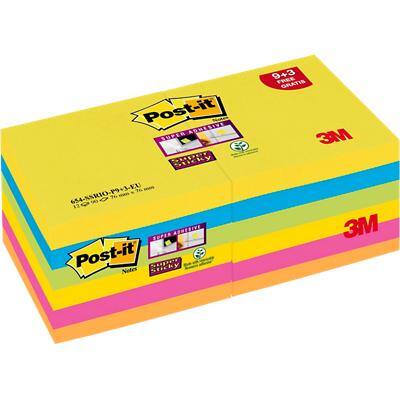 Post-it Super Sticky Notes 76 x 76 mm Assorted Colours 90 Sheets Value Pack 9+3 Free