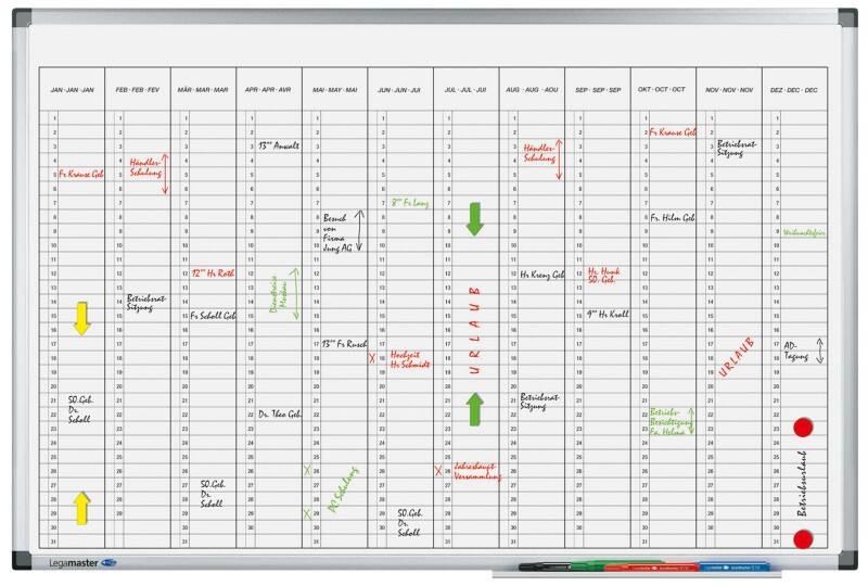 Legamaster Premium Annual Planner Magnetic Wall Mounted 90 (W) x 60 (H) cm Laquered Steel, Plastic Light Grey, Silver