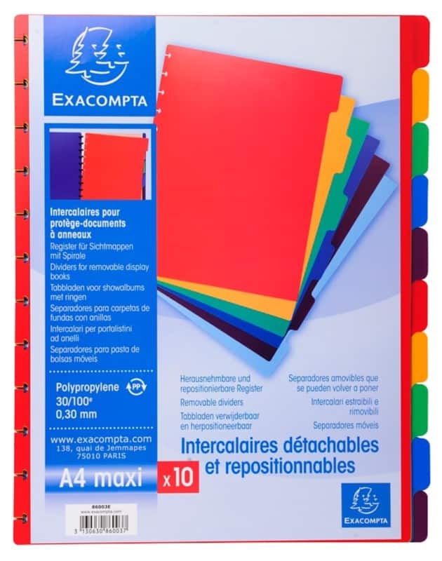 Exacompta Blank Dividers A4+ Assorted Multicolour 10 Part PP (Polypropylene) 86003E Pack of 10