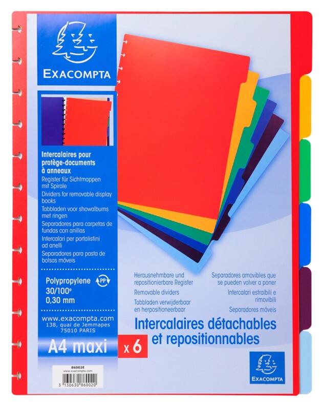 Exacompta Blank Dividers A4+ Assorted Multicolour 6 Part PP (Polypropylene) 86002E Pack of 10