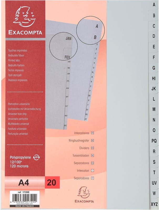 Exacompta A - Z Dividers A4 Grey 20 Part Polypropylene 1720E Pack of 10