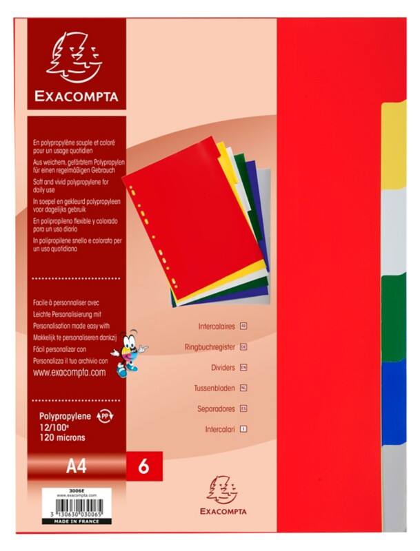 Exacompta Blank Dividers A4 Assorted Multicolour 6 Part PP (Polypropylene) 11 Holes 3006E Pack of 100