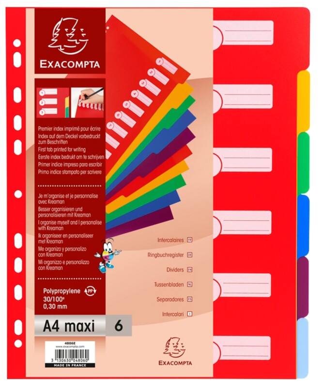 Exacompta Blank Dividers A4+ Assorted Multicolour 6 Part PP (Polypropylene) 11 Holes 4806E Pack of 25