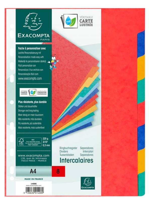 Exacompta Genuine Premium Pressboard Dividers A4 Assorted Multicolour 8 Part Mottled Pressboard 18 Holes 1408E Pack of 25