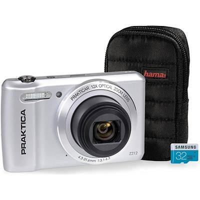 Praktica Digital Camera Luxmedia Z212 20 Megapixel Silver + 32GB Micro SD Card + Case