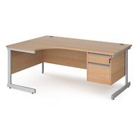 Dams International Left Hand Ergonomic Desk with Beech Coloured MFC Top and Silver Frame Cantilever Legs and 2 Lockable Drawer Pedestal Contract 25 1800 x 1200 x 725mm