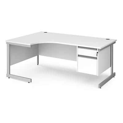 Dams International Left Hand Ergonomic Desk with White MFC Top and Silver Frame Cantilever Legs and 2 Lockable Drawer Pedestal Contract 25 1800 x 1200 x 725mm