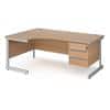 Dams International Left Hand Ergonomic Desk with Beech Coloured MFC Top and Silver Frame Cantilever Legs and 3 Lockable Drawer Pedestal Contract 25 1800 x 1200 x 725mm