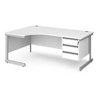 Dams International Left Hand Ergonomic Desk with White MFC Top and Silver Frame Cantilever Legs and 3 Lockable Drawer Pedestal Contract 25 1800 x 1200 x 725mm