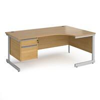 Dams International Right Hand Ergonomic Desk with Oak Coloured MFC Top and Silver Frame Cantilever Legs and 2 Lockable Drawer Pedestal Contract 25 1800 x 1200 x 725mm