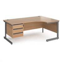 Dams International Right Hand Ergonomic Desk with Beech Coloured MFC Top and Graphite Frame Cantilever Legs and 3 Lockable Drawer Pedestal CC18ER3-G-B 1800 x 1200 x 725mm