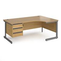 Dams International Right Hand Ergonomic Desk with Oak Coloured MFC Top and Graphite Frame Cantilever Legs and 3 Lockable Drawer Pedestal Contract 25 1800 x 1200 x 725mm