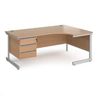 Dams International Right Hand Ergonomic Desk with Beech Coloured MFC Top and Silver Frame Cantilever Legs and 3 Lockable Drawer Pedestal Contract 25 1800 x 1200 x 725mm