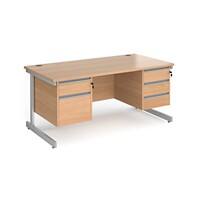Dams International Straight Desk with Beech Coloured MFC Top and Silver Frame Cantilever Legs and Two & Three Lockable Drawer Pedestals Contract 25 1600 x 800 x 725mm