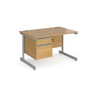 Dams International Straight Desk with Oak Coloured MFC Top and Silver Frame Cantilever Legs and 2 Lockable Drawer Pedestal Contract 25 1200 x 800 x 725mm