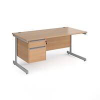 Dams International Straight Desk with Beech Coloured MFC Top and Silver Frame Cantilever Legs and 2 Lockable Drawer Pedestal Contract 25 1600 x 800 x 725mm